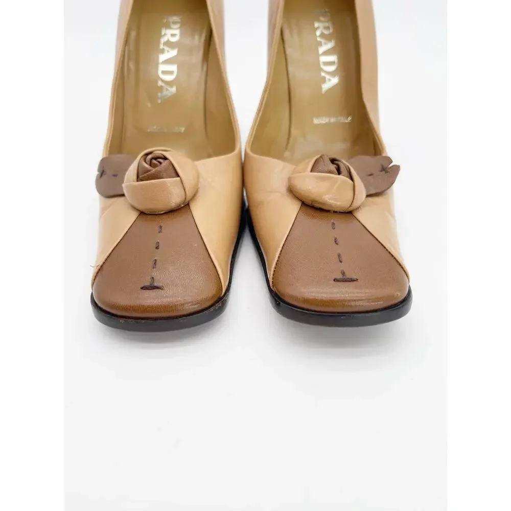 Prada Vintage Tan Brown Leather Square Toe Rosette High Heel Pumps IT 37.5